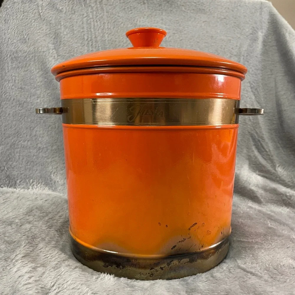 Fiesta Orange Enamel Metal Ice Bucket with Lid and Brass Accents Vintage Retro